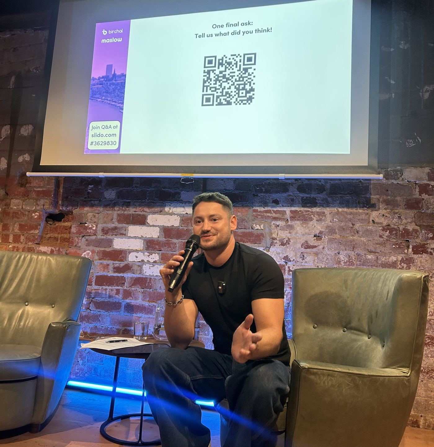 Kane Jackson in conversation at the Birchal × Maslow fireside at Work Club Melbourne